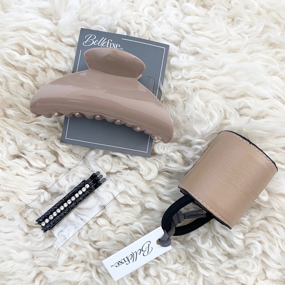 BelleFixe Hair Accessory Bundle- Claw Clip, jeweled hair clips, leather ponytail